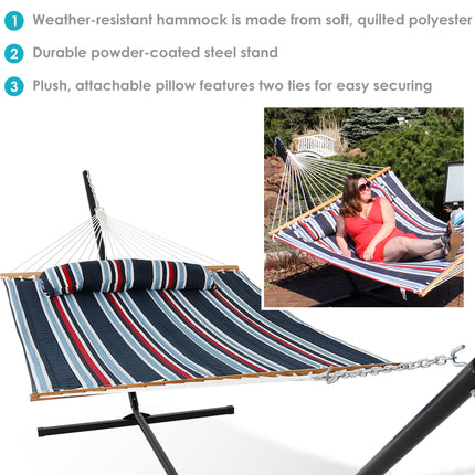 Sunnydaze 2 Person Freestanding Quilted Fabric Spreader Bar Hammock, Choose from 12 or 15 Foot Stand, Nautical Stripe
