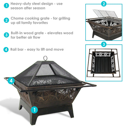 Sunnydaze 32 Inch Square Northern Galaxy Fire Pit with Cooking Grate and Spark Screen