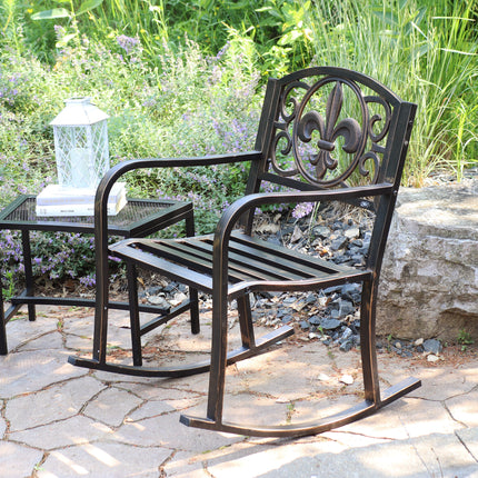 Sunnydaze Patio Rocking Chair, Durable Cast Iron Construction with Fleur-de-Lis Design
