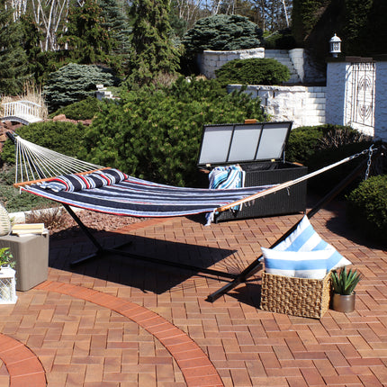 Sunnydaze 2 Person Freestanding Quilted Fabric Spreader Bar Hammock, Choose from 12 or 15 Foot Stand, Nautical Stripe