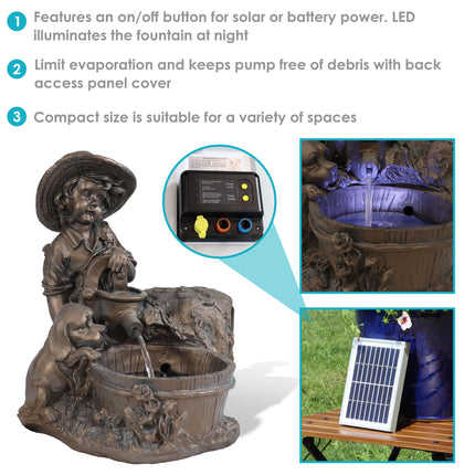 Sunnydaze Boy with Dog Solar with Backup Battery Water Fountain with LED Light, 15.5 Inch Tall, Includes Battery Pack
