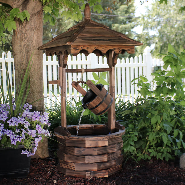 Sunnydaze Old-Fashioned Wood Wishing Well Fountain with Liner, 48-Inch Tall
