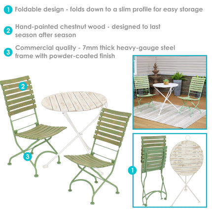Sunnydaze Cafe Couleur Shabby Chic Chestnut Wooden Folding Bistro Table and Chairs, 3-Piece Set