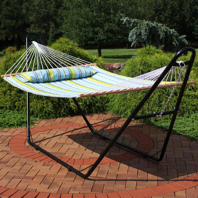 Sunnydaze Quilted Double Fabric 2-Person Hammock with Multi-Use Universal Steel Stand, Blue and Green, 450 Pound Capacity