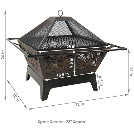 Sunnydaze 32 Inch Square Northern Galaxy Fire Pit with Cooking Grate and Spark Screen