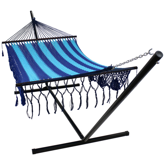 Sunnydaze DeLuxe American Style 2 Person Hammock with Spreader Bars and 15 Foot Hammock Stand, Multiple Colors Available