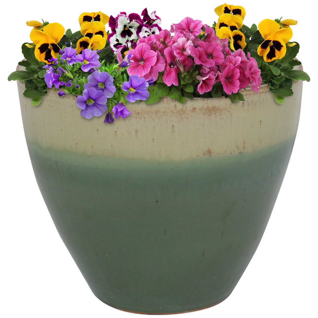 Sunnydaze Resort Ceramic Flower Pot Planter with Drainage Holes - High-Fired Glazed UV and Frost-Resistant Finish - Outdoor/Indoor Use