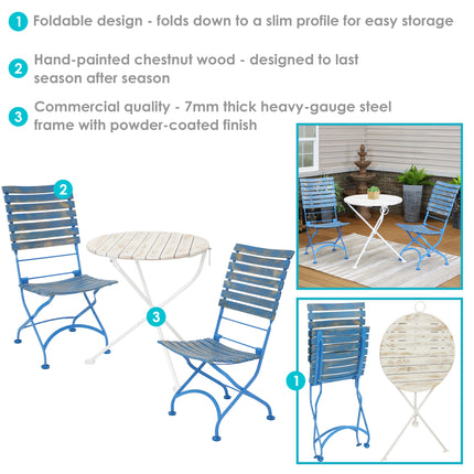 Sunnydaze Cafe Couleur Shabby Chic Chestnut Wooden Folding Bistro Table and Chairs, 3-Piece Set
