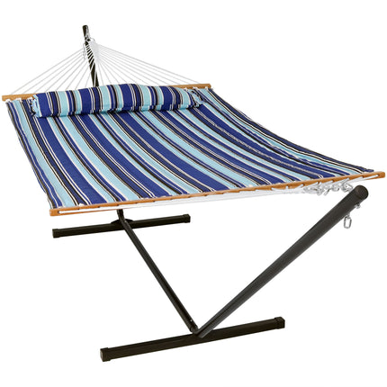 Sunnydaze 2 Person Freestanding Quilted Fabric Spreader Bar Hammock, Choose 12 or 15 Foot Stand, Catalina Beach