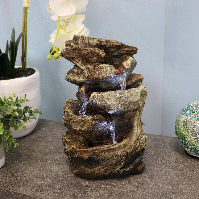 Tiered Rock and Log Tabletop Fountain w/ LED Lights by Sunnydaze