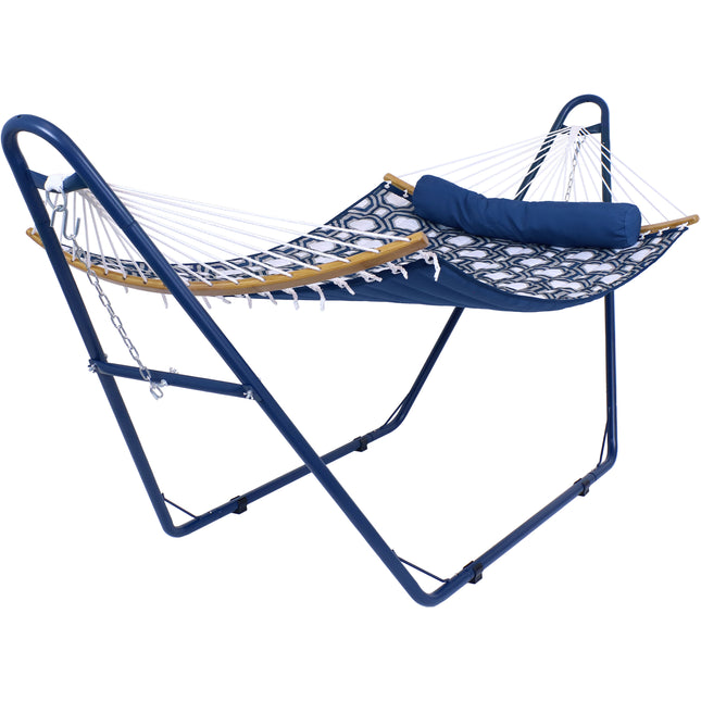 Sunnydaze 2-Person Curved Spreader Bar Hammock with Blue Multi-Use Universal Steel Stand, Blue and Gray Octagon, 450 Pound Capacity
