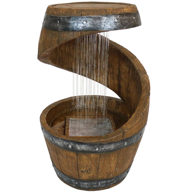 Sunnydaze Spiraling Barrel Outdoor Water Fountain with LED Lights, 25-Inch