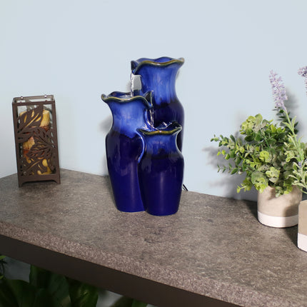 Sunnydaze Tiered Blue Ceramic Glazed Pitchers Indoor Tabletop Fountain, 11-Inch