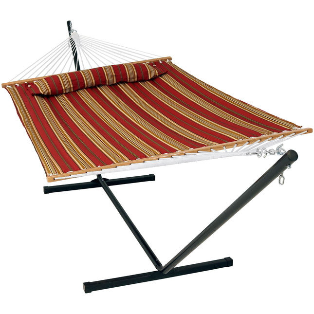 Sunnydaze 2 Person Freestanding Quilted Fabric Spreader Bar Hammock, Choose from 12 or 15 Foot Stand, Red Stripe