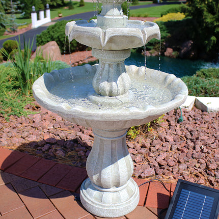 Sunnydaze Two Tier Solar with Battery Backup Outdoor Water Fountain, White Earth, 35 Inch Tall