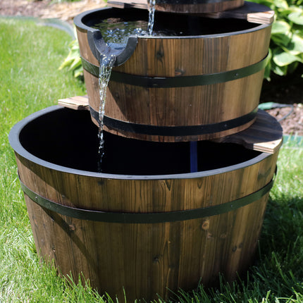 Sunnydaze Rustic 3-Tier Wood Barrel Water Fountain, 30-Inch Tall