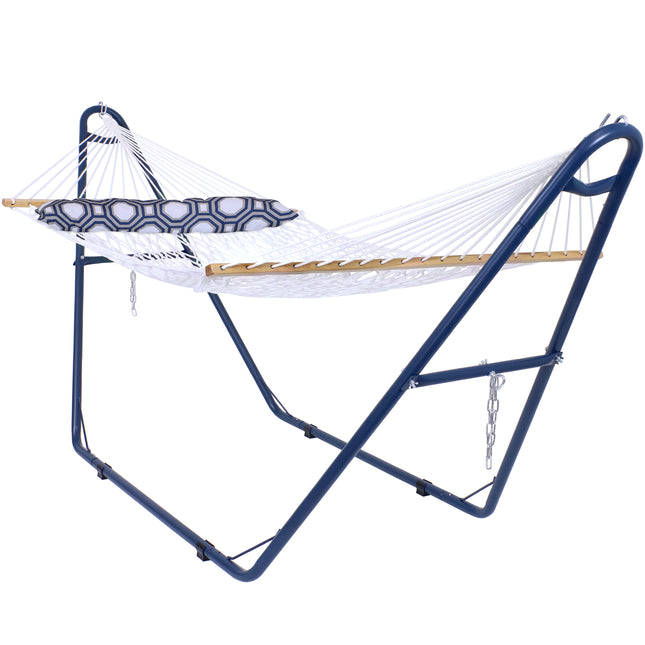 Sunnydaze Rope Spreader Bar Hammock with Blue Multi-Use Universal Steel Stand and Blue and Gray Octagon Pillow, 400-Pound Capacity