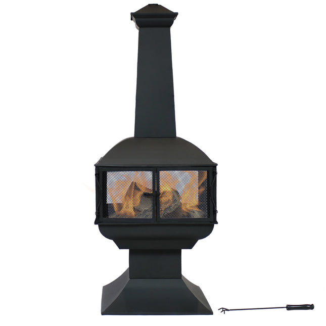 Sunnydaze Black Steel Wood Burning 360-Degree View Outdoor Chiminea Fire Pit with Poker, 57-Inch