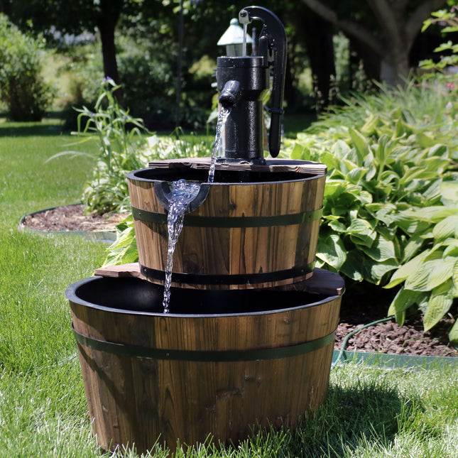 Sunnydaze Rustic 2-Tier Wood Barrel Water Fountain with Hand Pump, 37-Inch Tall