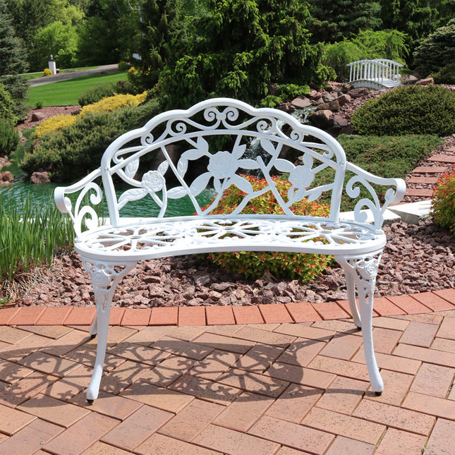 Sunnydaze 2-Person Cast Aluminum Classic Rose Garden Bench, White
