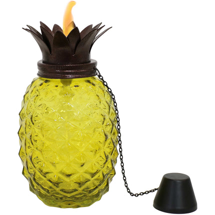 Sunnydaze Tropical Pineapple 3-in-1 Adjustable Height Yellow Glass Outdoor Torches - Set of 2