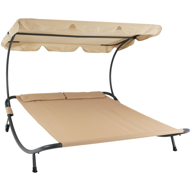 Sunnydaze Double Modern Outdoor Lounging Bed with Canopy and Headrest Pillows, Beige