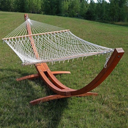 Sunnydaze Cotton Double Wide 2-Person Rope Hammock with Spreader Bars and 13 Foot Curved Arc Wood Stand