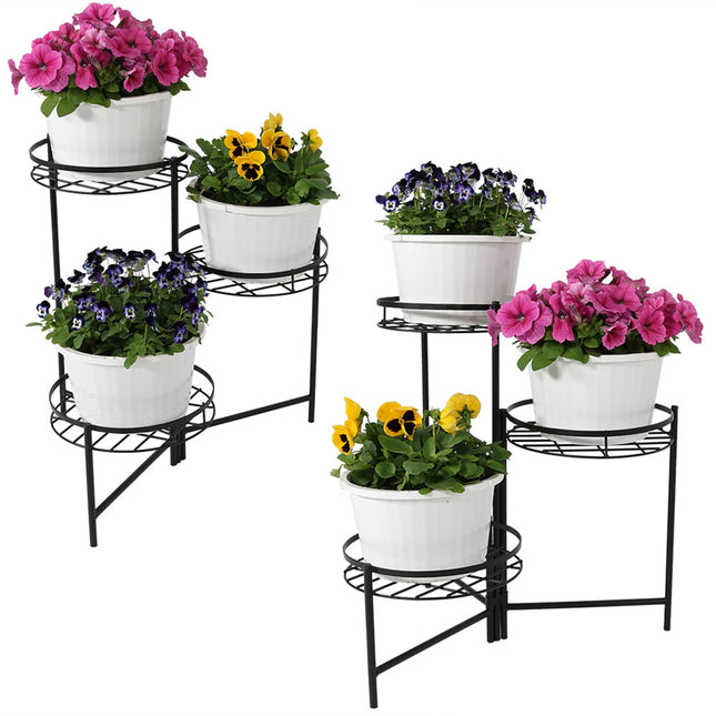 Sunnydaze Black Three-Tiered Indoor/Outdoor Planter Stand, 22 Inch Tall, Set of Two