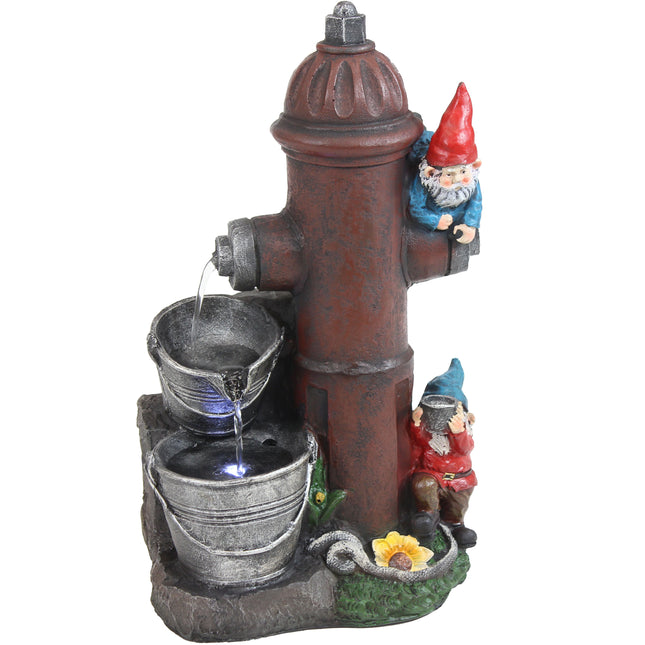 Sunnydaze Fire Hydrant Gnomes Outdoor Water Fountain with LED Light, 16-Inch
