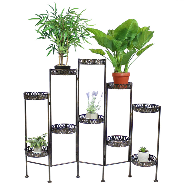 Sunnydaze 10-Tier Steel Indoor and Outdoor Folding Plant Stand with Bronze Finish, 46 Inch
