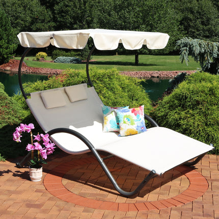 Sunnydaze Double Chaise Lounge with Canopy and Headrest Pillows, Beige
