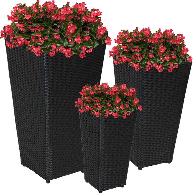 Sunnydaze Tall Square Black Polyrattan Planter - Set of 3