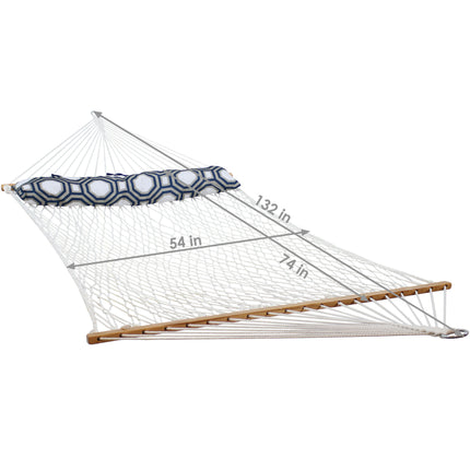 Sunnydaze 2 Person Polyester Rope Hammock with Spreader Bars and Pillow, White, 400 Pound Capacity