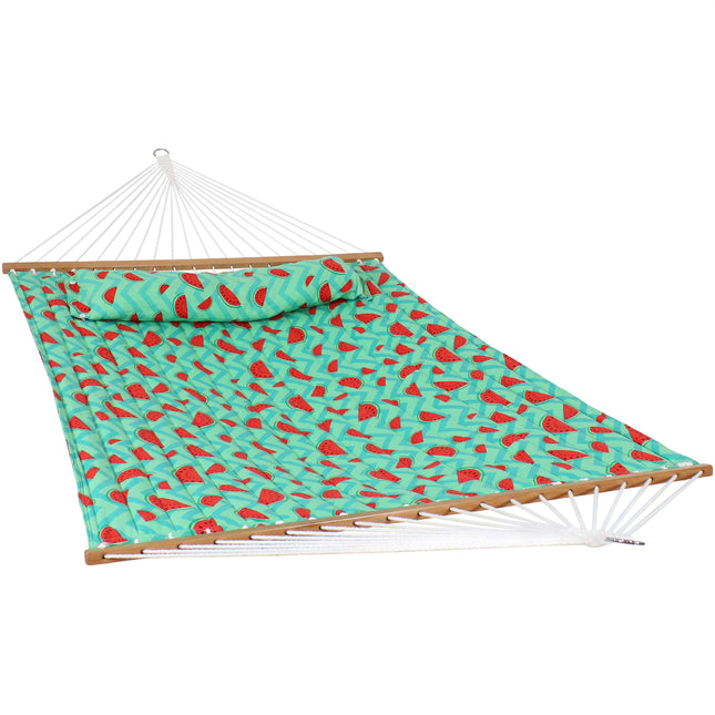 Sunnydaze 2-Person Quilted Printed Fabric Spreader Bar Hammock and Pillow - Watermelon and Chevron