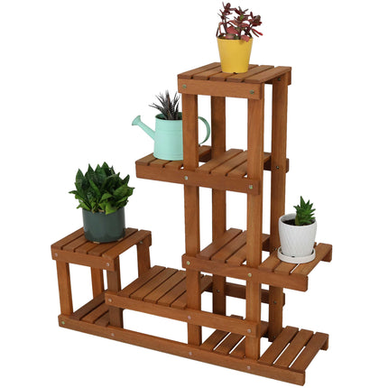 Sunnydaze Meranti Wood Multi-Tiered Indoor/Outdoor Plant Stand with Teak Oil Finish, 36-Inch
