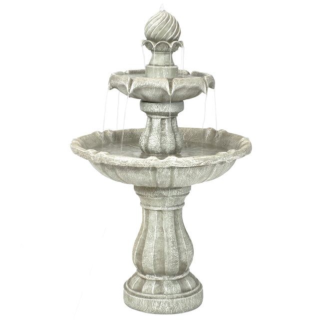 Sunnydaze Two Tier Solar with Battery Backup Outdoor Water Fountain, White Earth, 35 Inch Tall