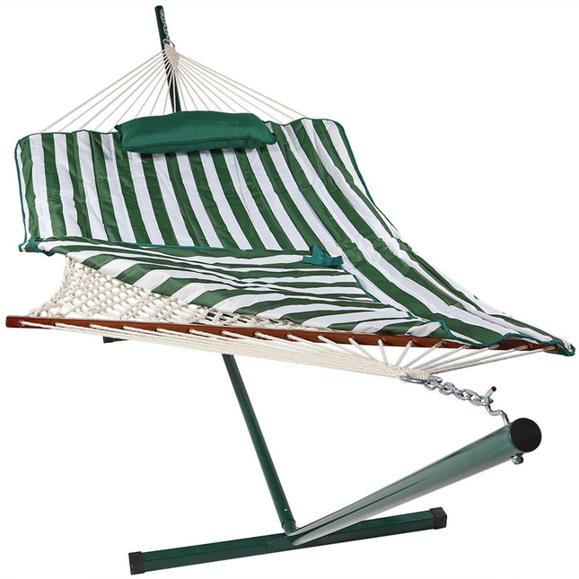 Sunnydaze Green and White Stripe Cotton Rope Hammock with 12 Foot Steel Stand, Pad and Pillow, 275 Pound Capacity