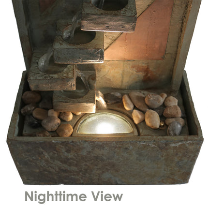 Sunnydaze Descending Staircase Slate Outdoor Water Fountain with Copper Accents and LED Spotlight
