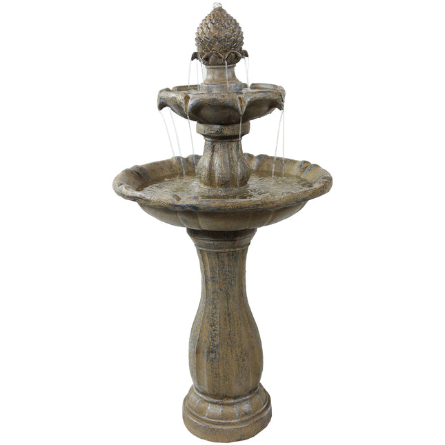 Sunnydaze 2-Tier Pineapple Solar Fountain with Battery Backup, Earth Finish, 46 Inch Tall