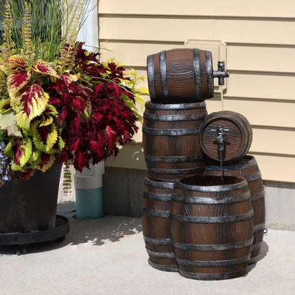 Sunnydaze Stacked Rustic Cascading Whiskey Barrel Outdoor Water Fountain with LED Lights, 29-Inch