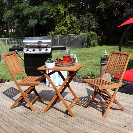 Sunnydaze Nantasket 3-Piece Solid Teak Outdoor Folding Bistro Set - 2 Chairs and 1 Table - Light Wood Stain Finish