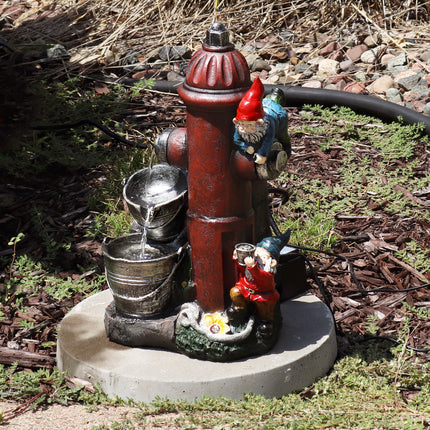 Sunnydaze Fire Hydrant Gnomes Outdoor Water Fountain with LED Light, 16-Inch