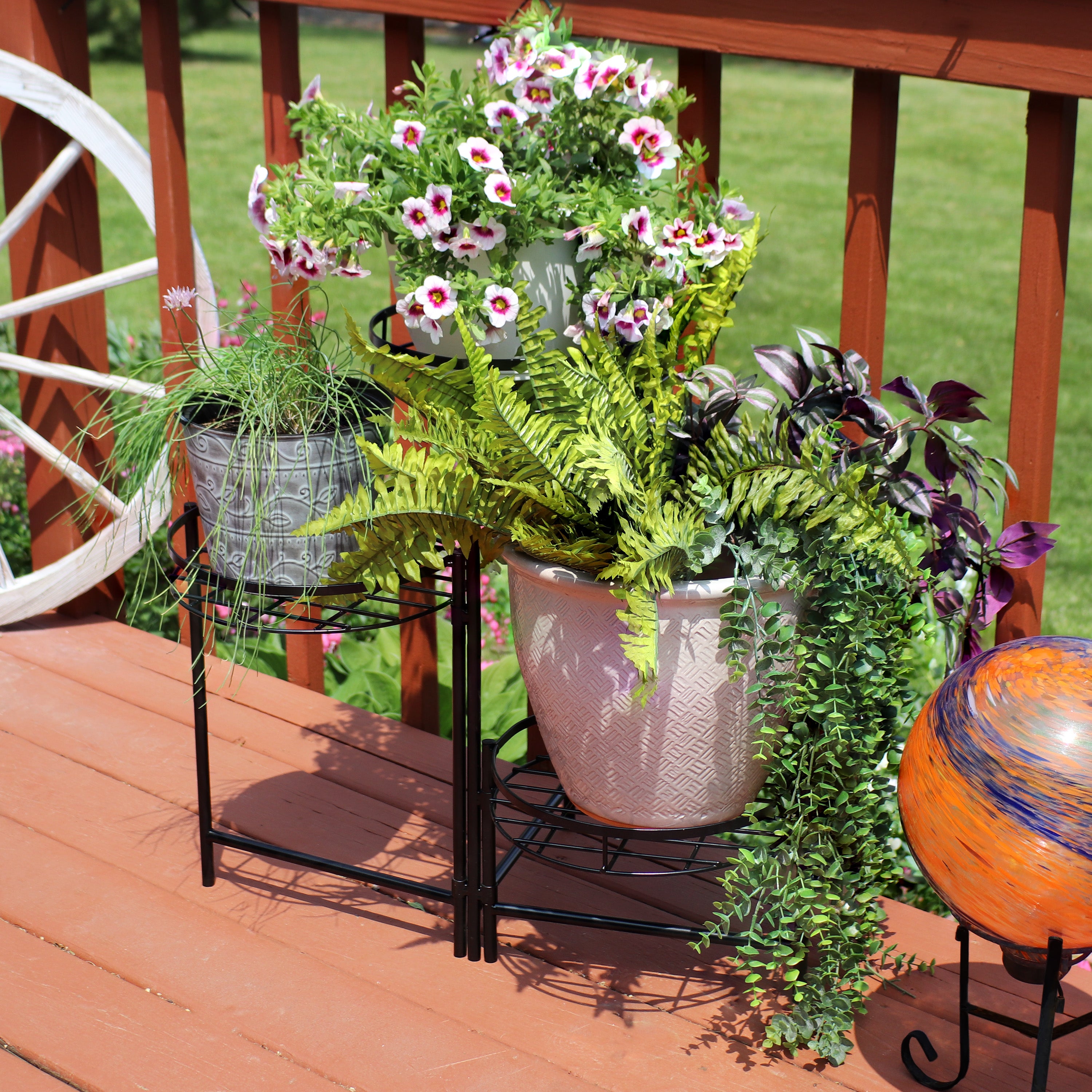 outdoor plant pots on stands Sunnydaze Black Three-Tiered Indoor/Outdoor Planter Stand, 22 Inch Tall, Set of Two – Serenity Health & Home Decor