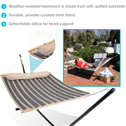 Sunnydaze 2 Person Freestanding Quilted Fabric Spreader Bar Hammock, Choose from 12 or 15 Foot Stand, Mountainside