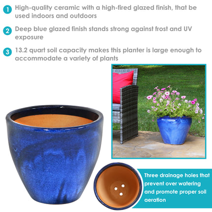 Sunnydaze Resort Ceramic Flower Pot Planter with Drainage Holes - High-Fired Glazed UV and Frost-Resistant Finish - Outdoor/Indoor Use