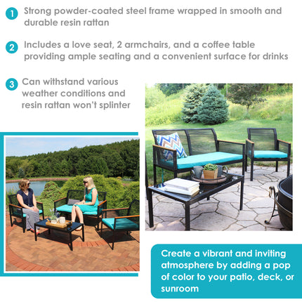 Sunnydaze Coachford 4-Piece Black Resin Rattan Outdoor Patio Furniture Set with Blue Cushions