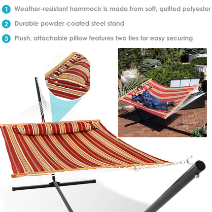 Sunnydaze 2 Person Freestanding Quilted Fabric Spreader Bar Hammock, Choose from 12 or 15 Foot Stand, Red Stripe