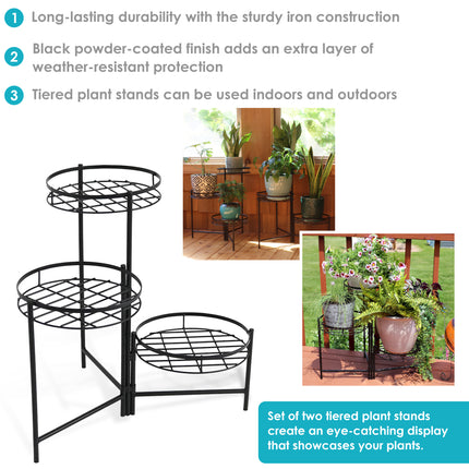 Sunnydaze Black Three-Tiered Indoor/Outdoor Planter Stand, 22 Inch Tall, Set of Two