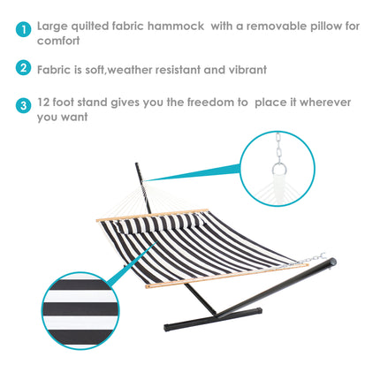 Sunnydaze 2 Person Freestanding Quilted Fabric Spreader Bar Hammock with Pillow, Choose 12 or 15 Foot Stand, Black and White