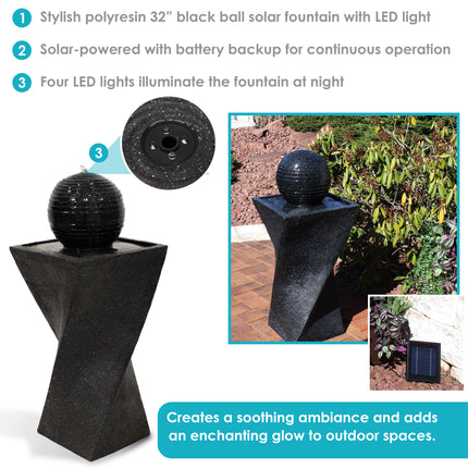Sunnydaze Black Ball Solar Fountain with Battery Backup and LED Light, 32 Inch